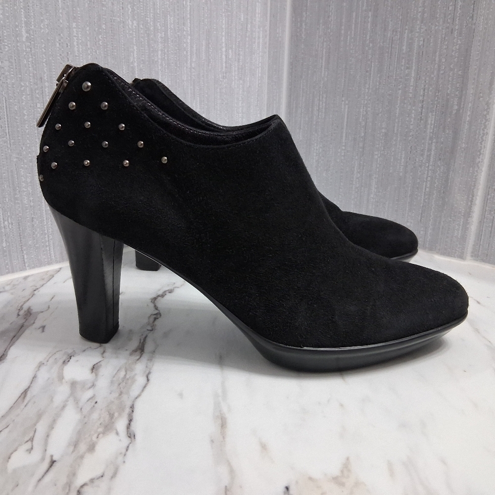 Aquatalia Ankle Booties Black Suede Leather Heels Studded Zipper Back Boots 6.5